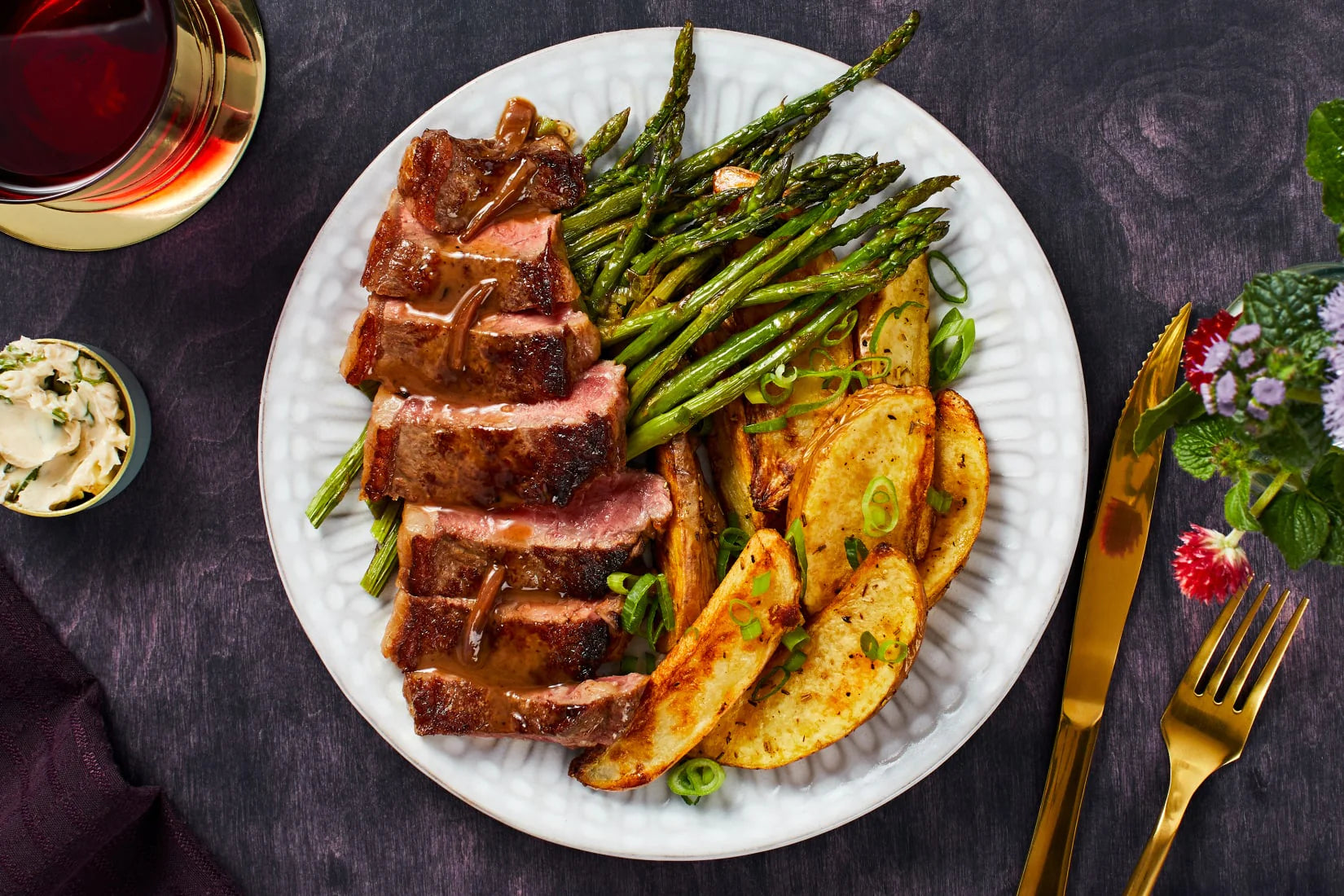 Truffled New York Strip Steak With Roasted Rosemary Potatoes and Asparagus