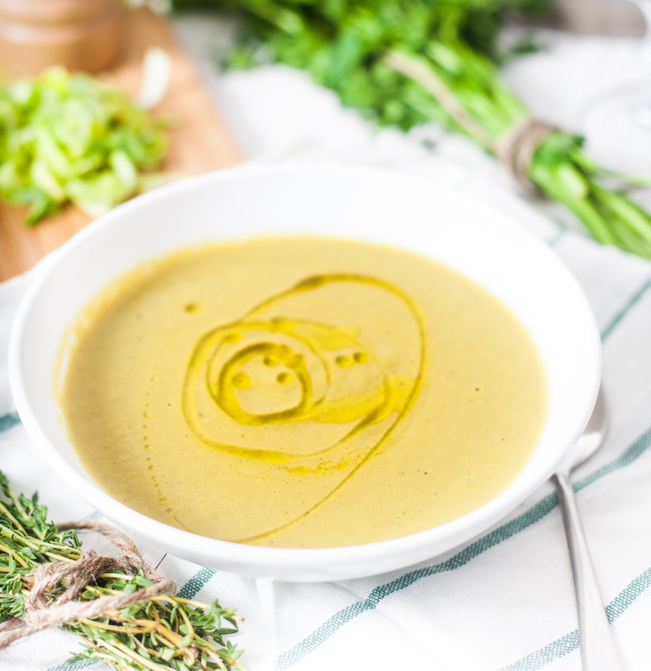 One Pot Vegan Potato + Leek Soup with Truffle Oil