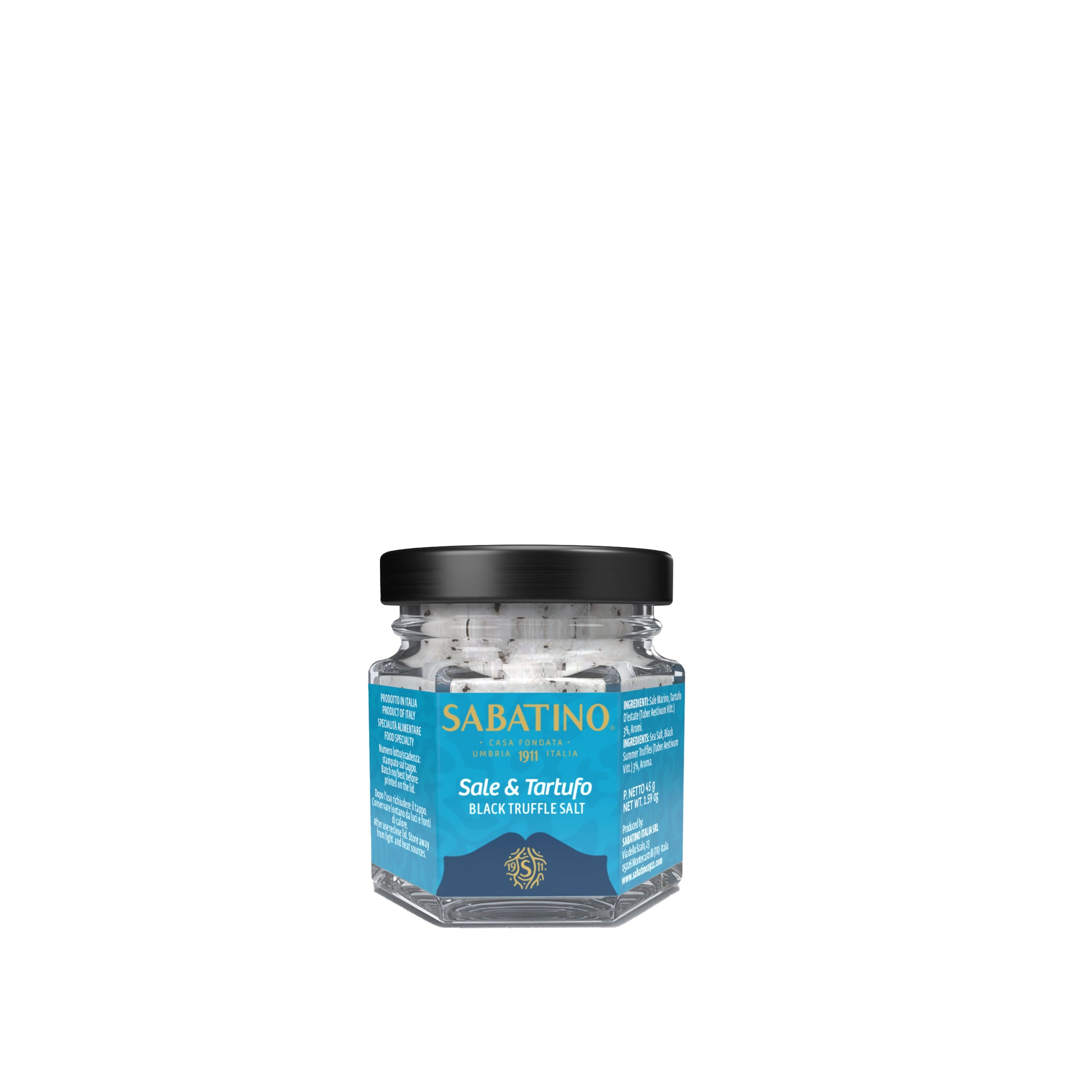 a small glass jar with a blue label