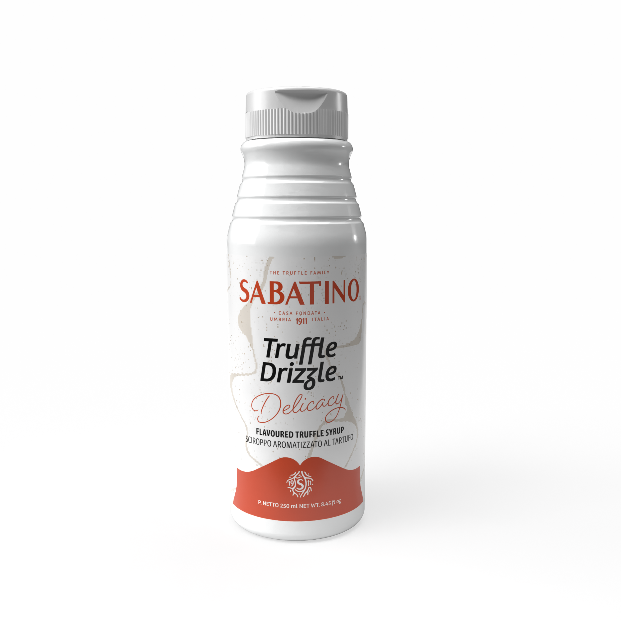 a white bottle with red and white text