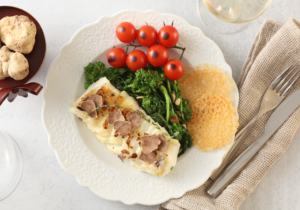 Seared Black Cod served on a bed of Broccoli Rabe, served with Parmesan Cookies and White Truffle