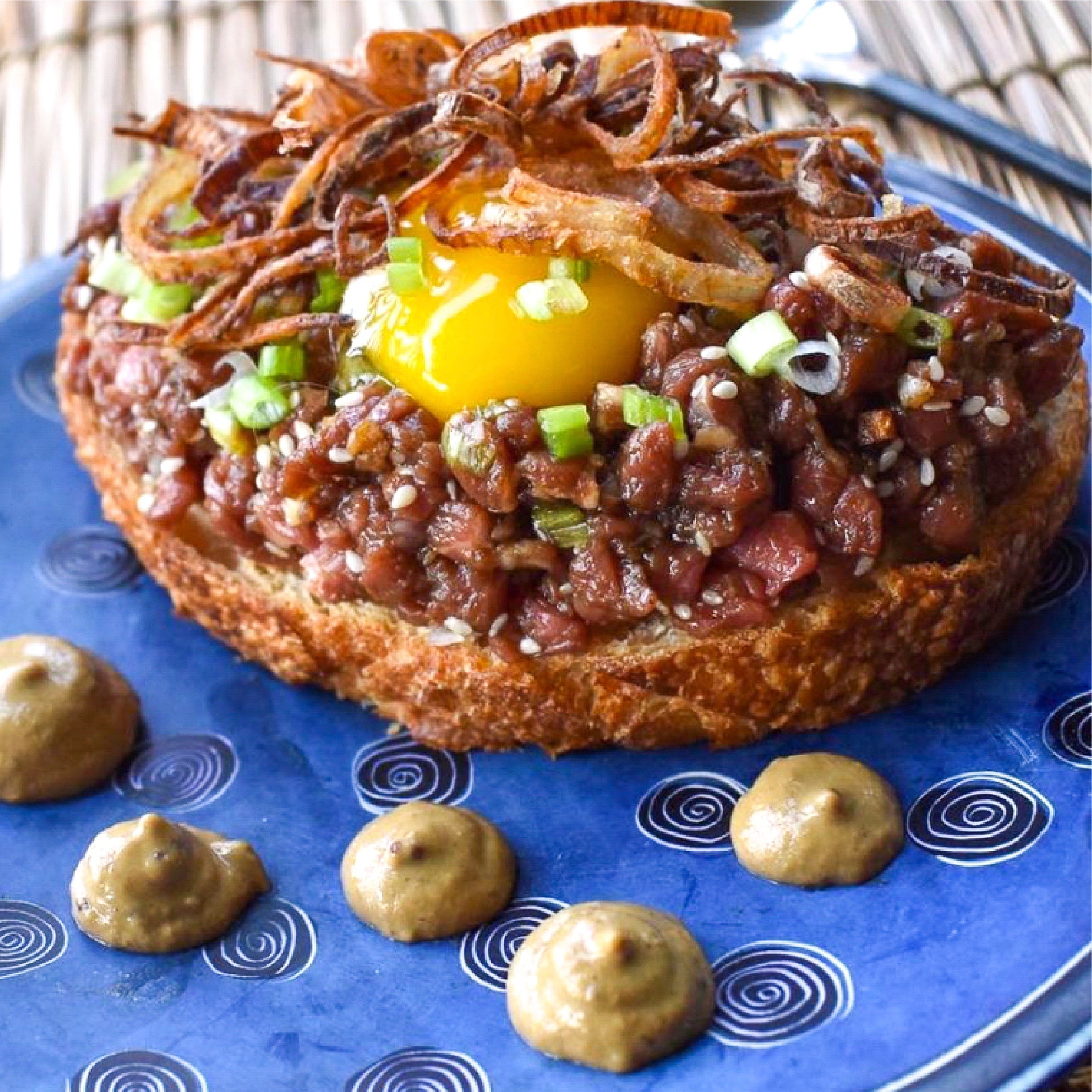 Asian Beef Tartare with Ponzu Truffle Mustard and Fried Truffled Shallots