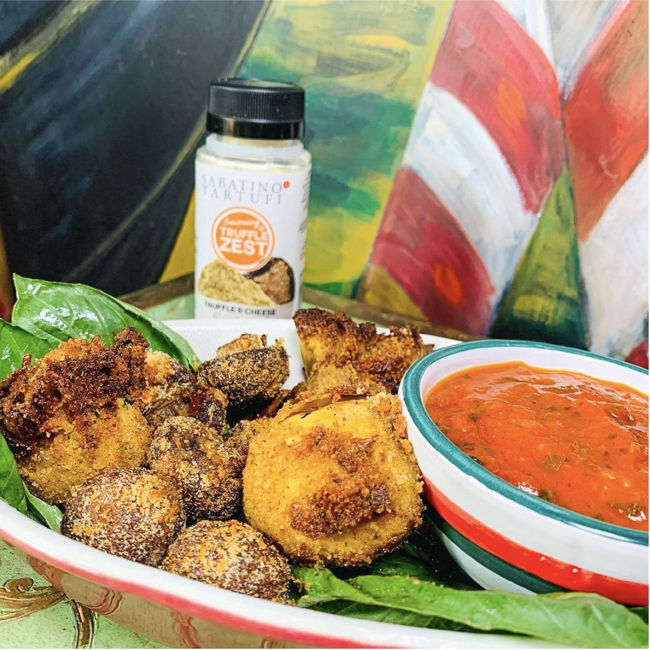 Truffle Spiced Fried Artichoke Hearts and Mushrooms with Truffle Marinara Dipping Sauce