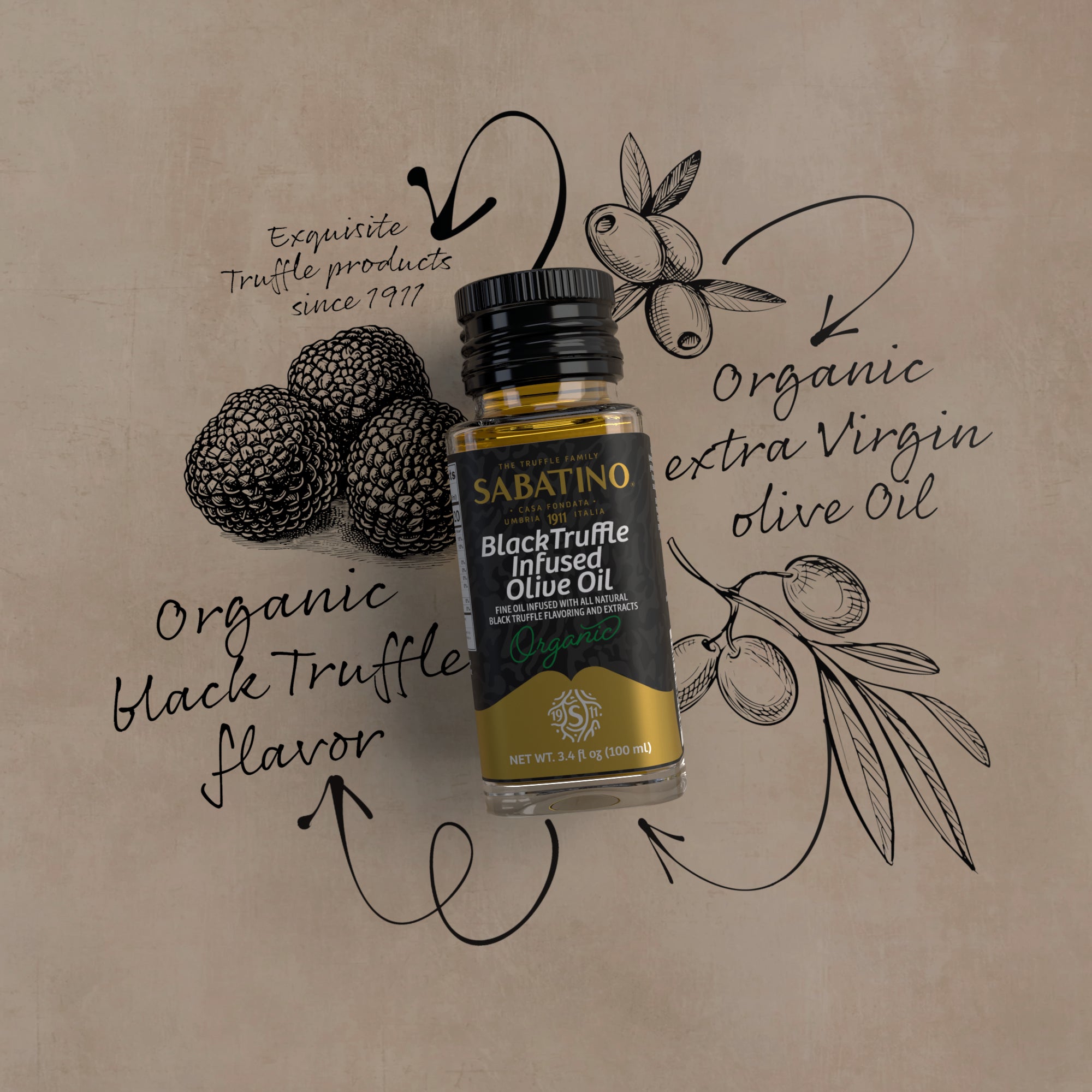 a bottle of oil on a surface with text