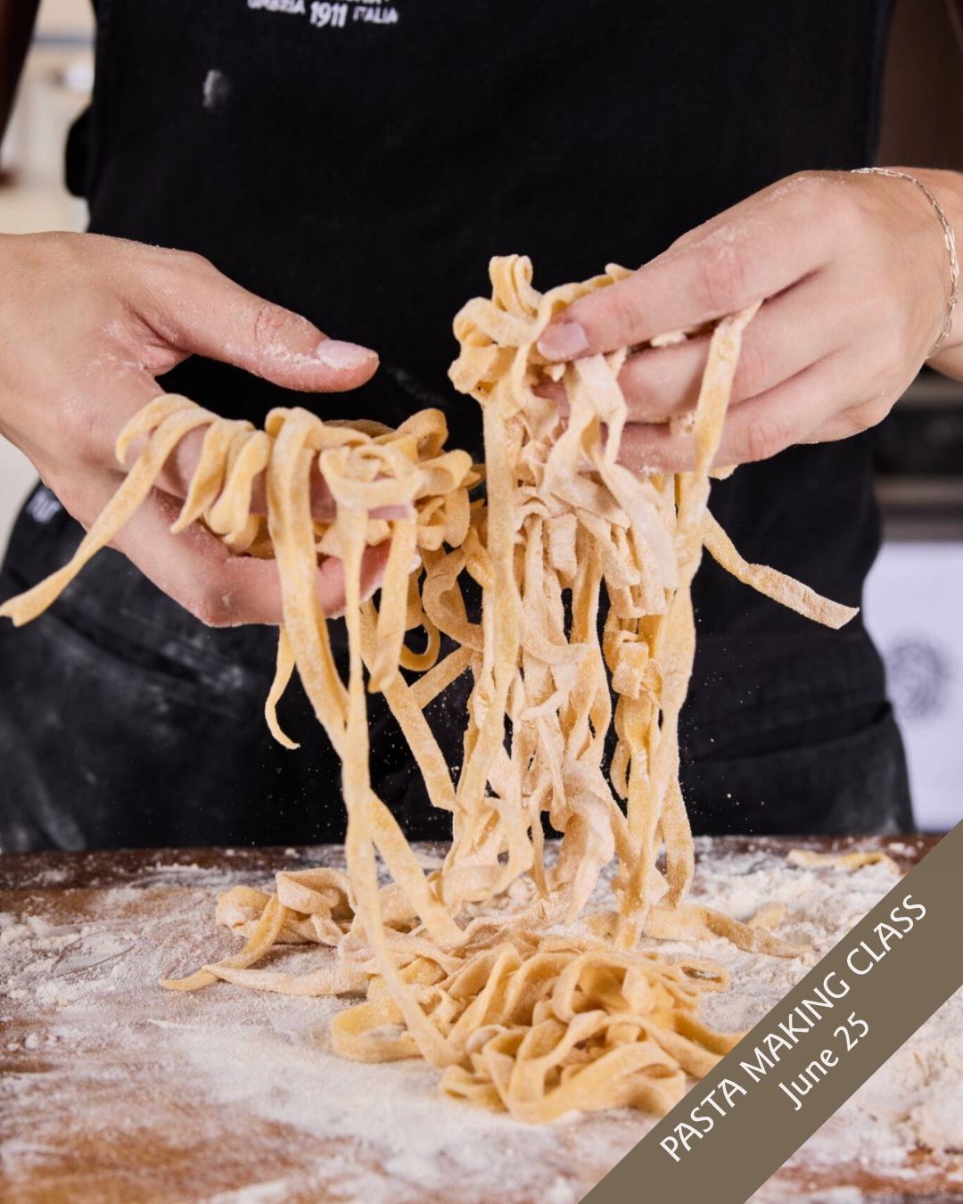 a person holding pasta over flour